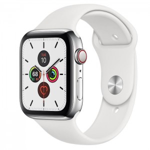 Apple Watch Series 5 GPS + Cellular 44mm Stainless Steel Silver With White Sport Band MWWF2